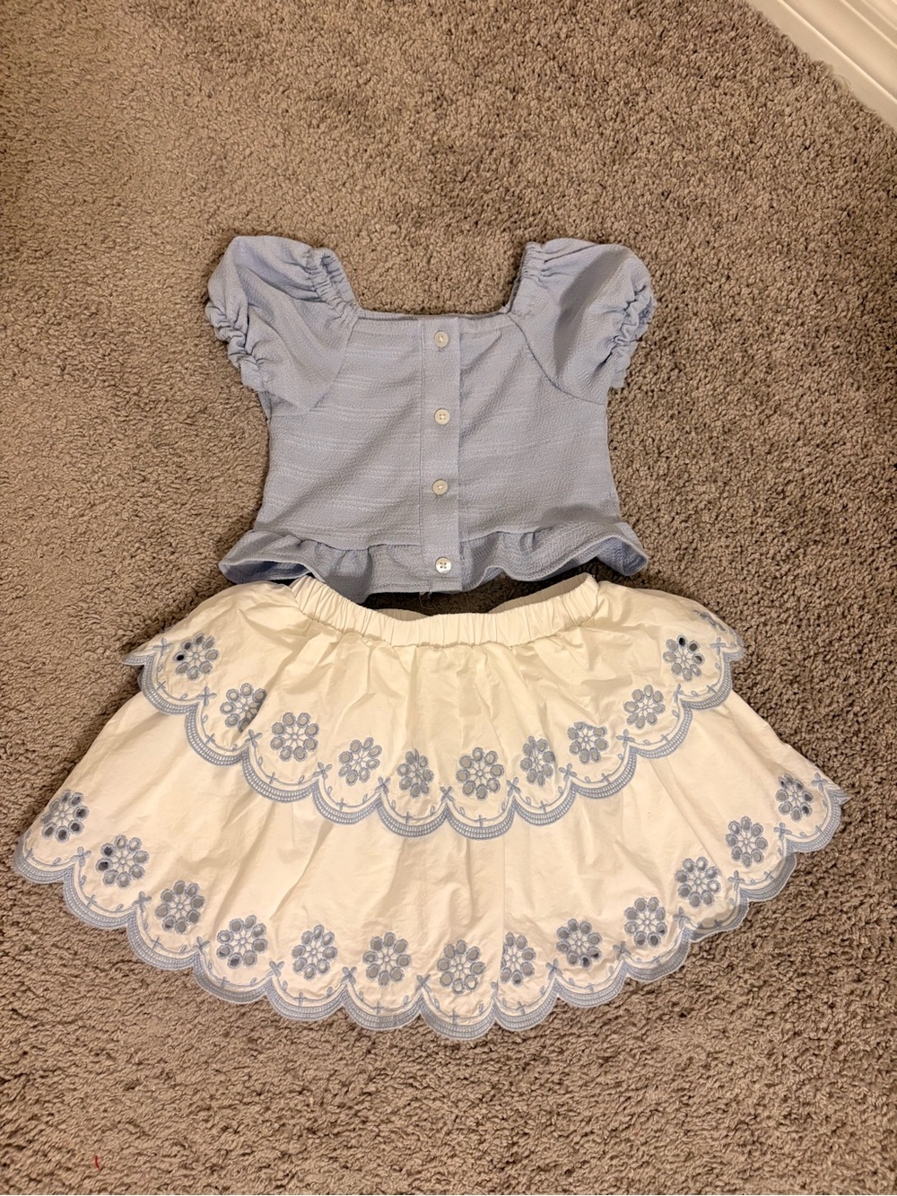 Blue Puff Sleeve Top & White Eyelet Skirt Set